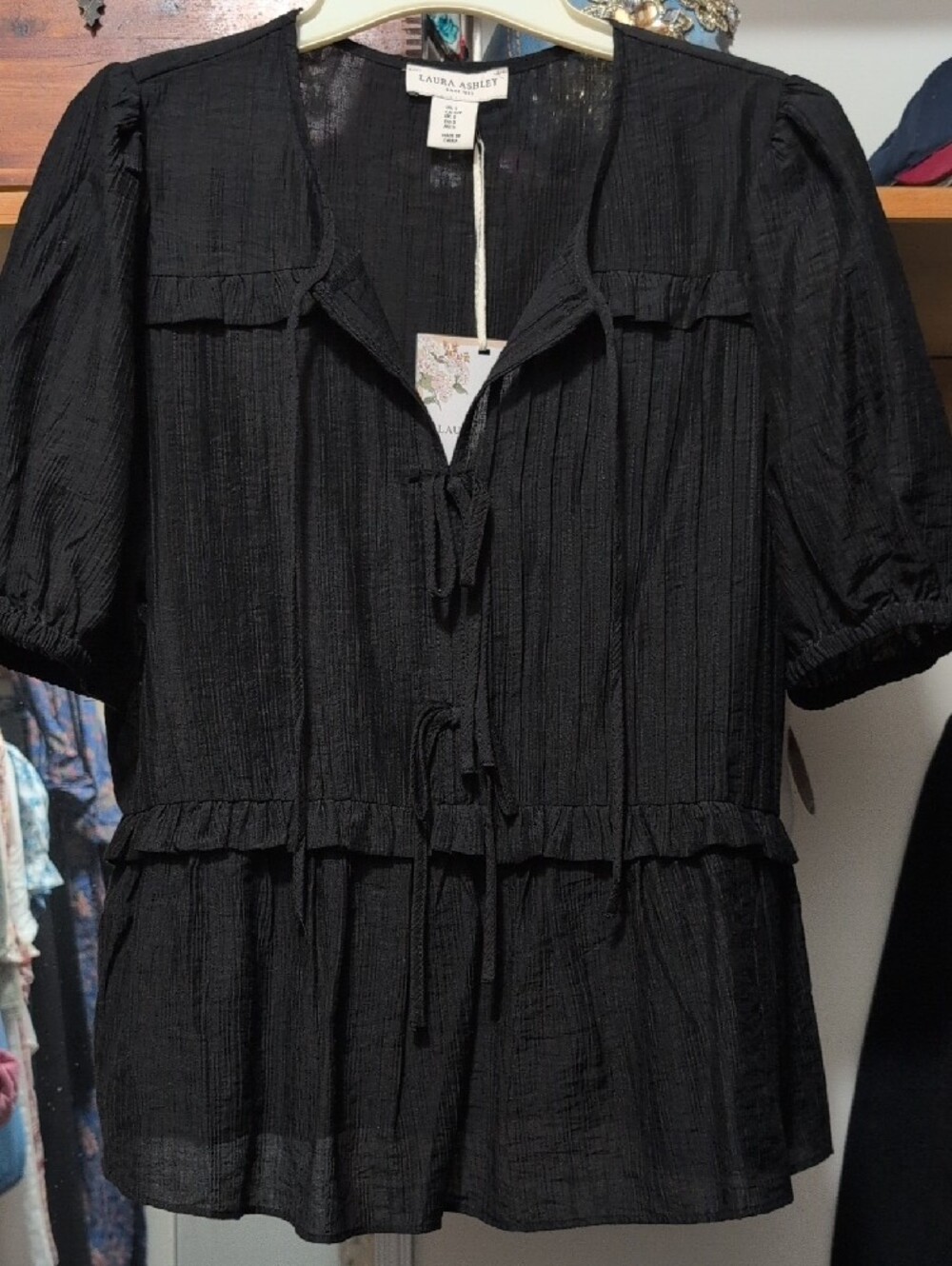 Laura Ashley Black Ruffle-Tiered Peasant Top - Picture 2 of 7